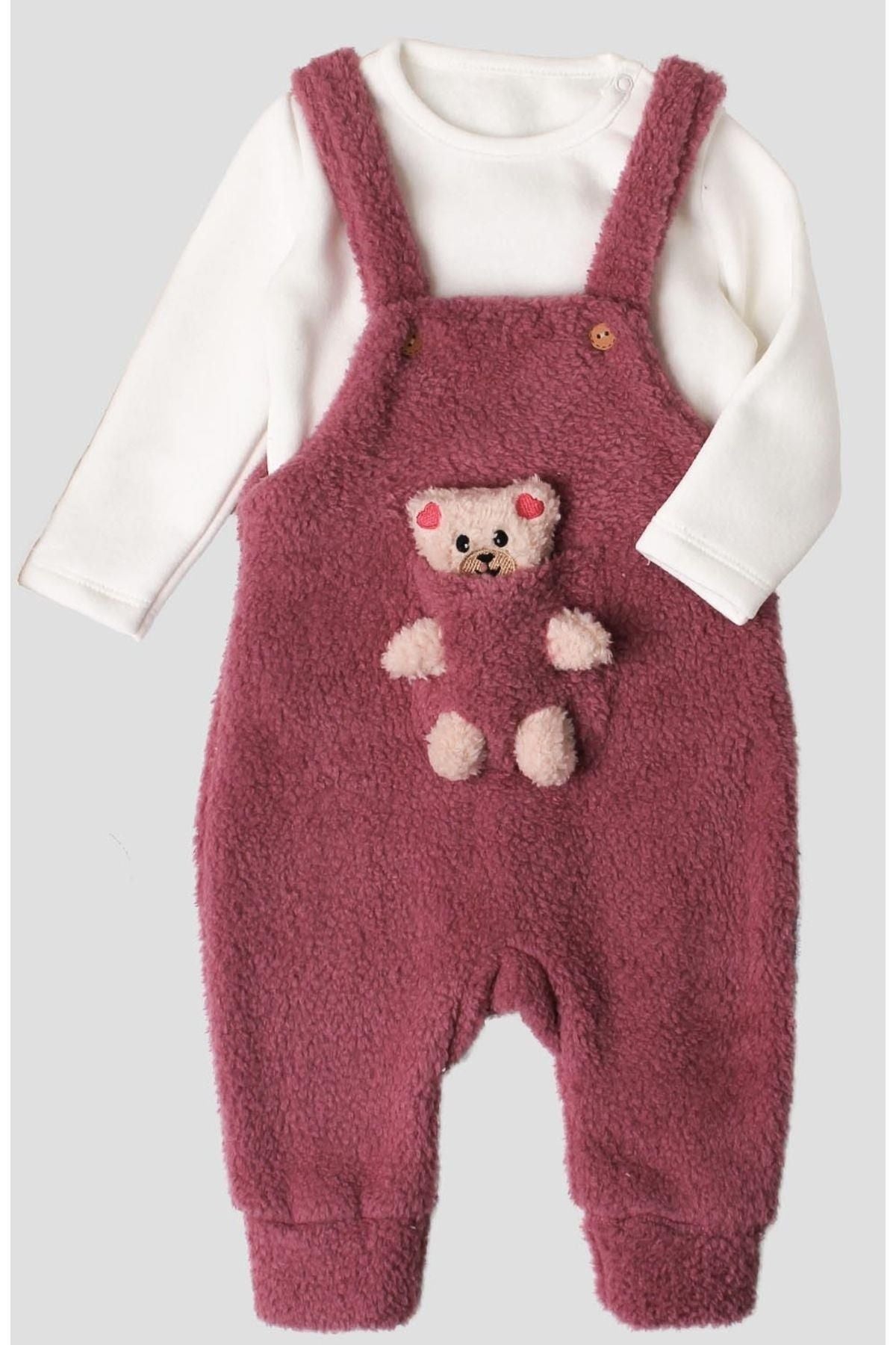 Kışlık tatlı peluş ikili takım kız bebek salopet sweatshirt